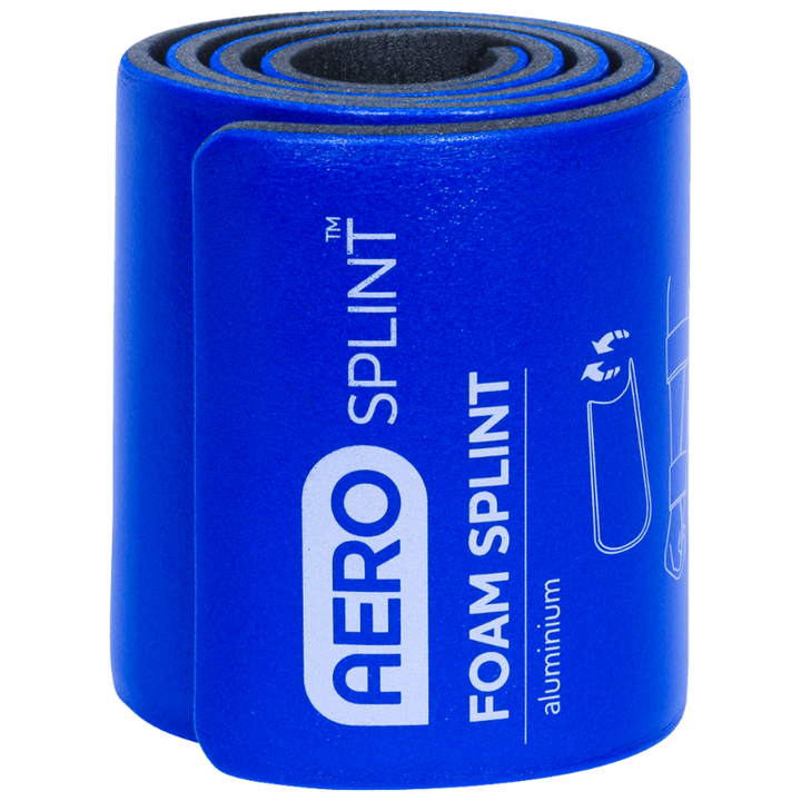 Rolled AeroSplint Aluminium Foam Splint in blue, showing compact design for easy storage.