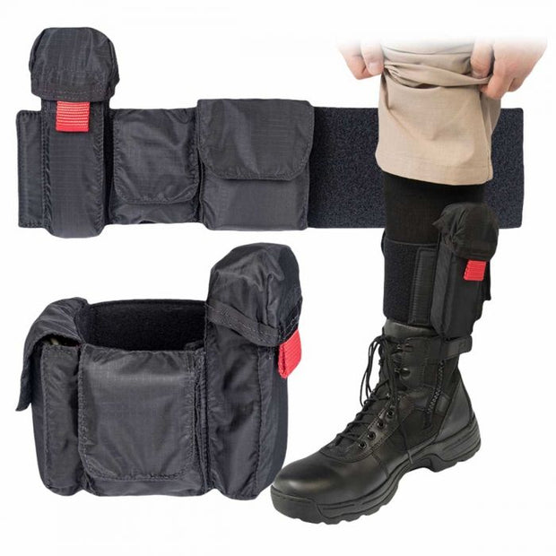 North American Rescue ankle wrap displayed open, wrapped and on a man's leg.