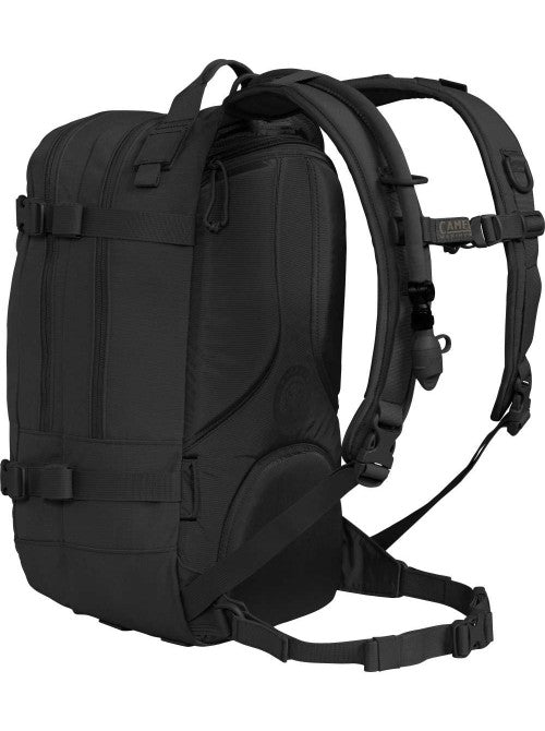 Side view of black CamelBak HAWG 3L pack with ergonomic shoulder straps and waist belt.
