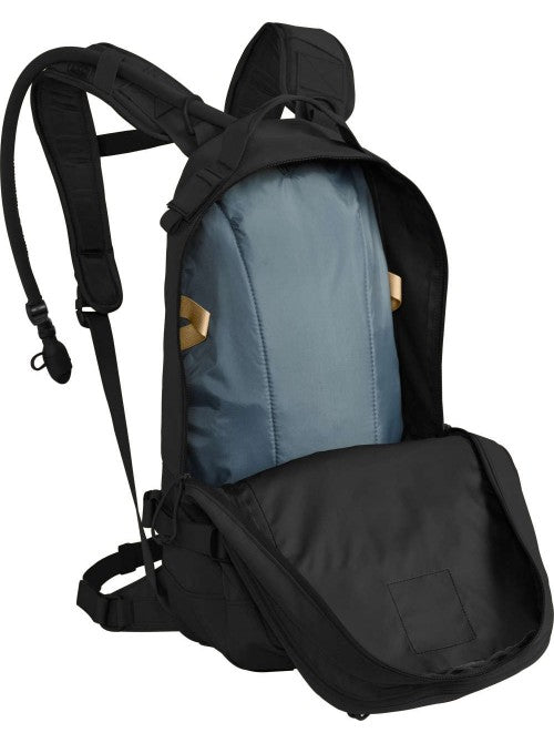 Black CamelBak HAWG 3L partially open showing blue hydration reservoir inside.