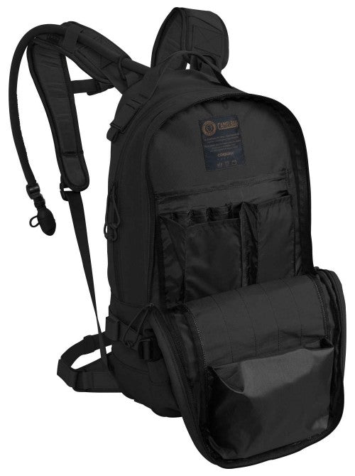 Black CamelBak HAWG 3L fully open to reveal internal compartments and gear storage.
