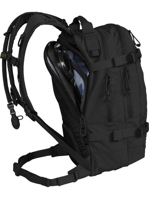 Rear view of black CamelBak HAWG 3L with main compartment unzipped and gear shown inside.