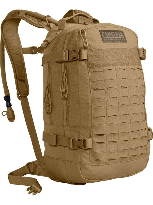 Coyote brown CamelBak HAWG 3L front view with MOLLE panel and logo patch.
