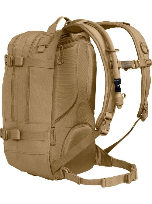 Side view of coyote brown CamelBak HAWG 3L showing low-profile design and hydration routing.