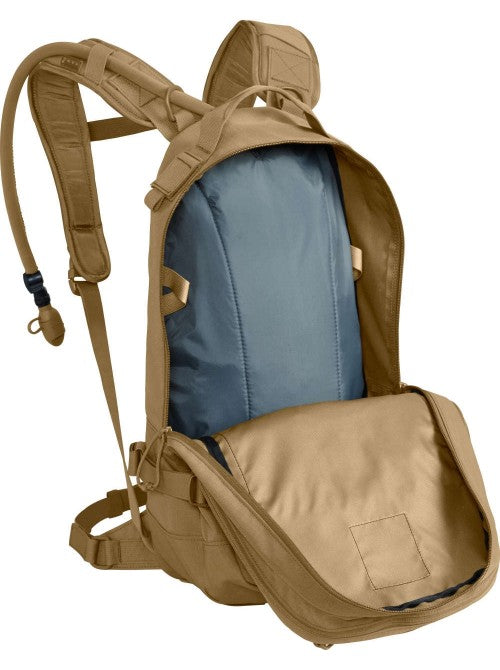 Coyote brown CamelBak HAWG 3L unzipped revealing hydration bladder and storage area.