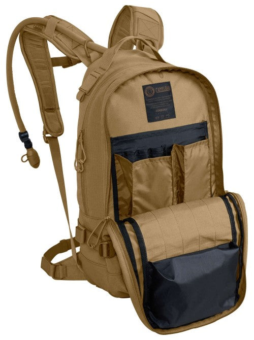 Coyote brown CamelBak HAWG 3L with flap opened to show internal organization layout.