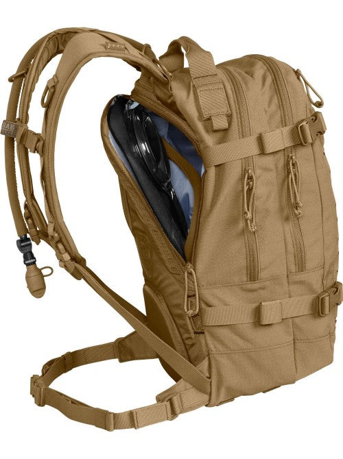 Multicam CamelBak HAWG 3L front view showing MOLLE attachment and hydration tube routing.