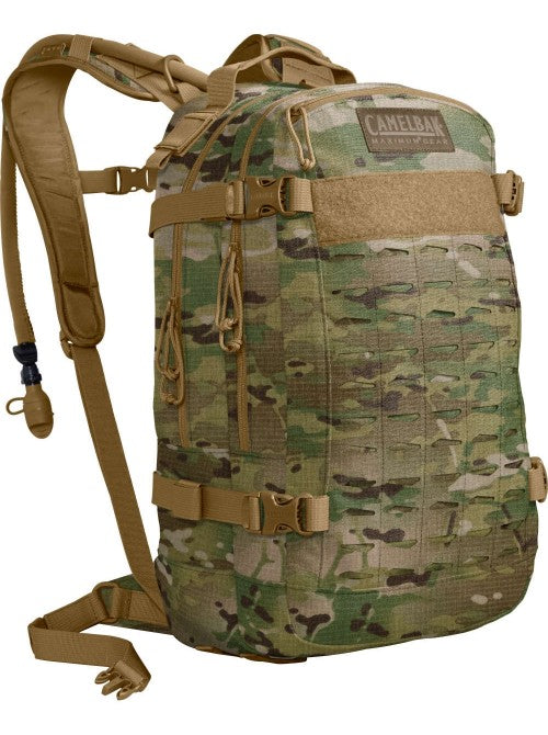front view of Multicam CamelBak HAWG 3L pack with hydration bladder tube visible.