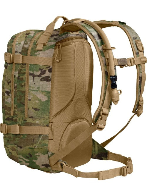 Side view of Multicam CamelBak HAWG 3L pack with hydration bladder tube visible.
