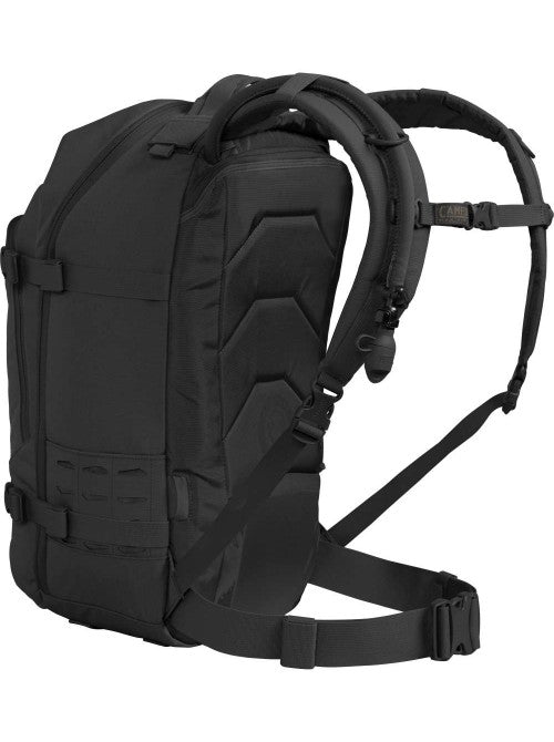 Side view of the CamelBak Motherlode 3L black backpack, showing contoured shoulder straps and compression straps.