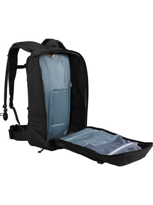 Angled view of the open CamelBak Motherlode showing internal mesh pouches and hydration bladder sleeve.