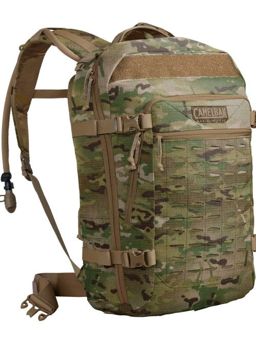 Front and side view of the CamelBak Motherlode in Multicam pattern, highlighting tactical camo design and utility.