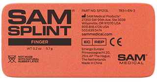 Close-up of SAM Splint surface with product markings and manufacturer label. Designed for visibility and field use. TacMed Australia – trusted orthopedic immobilisation aid.