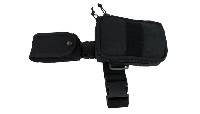 Black LAPD pouch showing rear attachment system with securing strap.