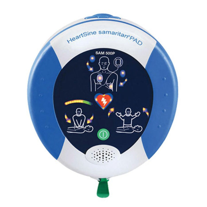 Close-up of the defibrillator face with illuminated visual prompts for CPR guidance.
