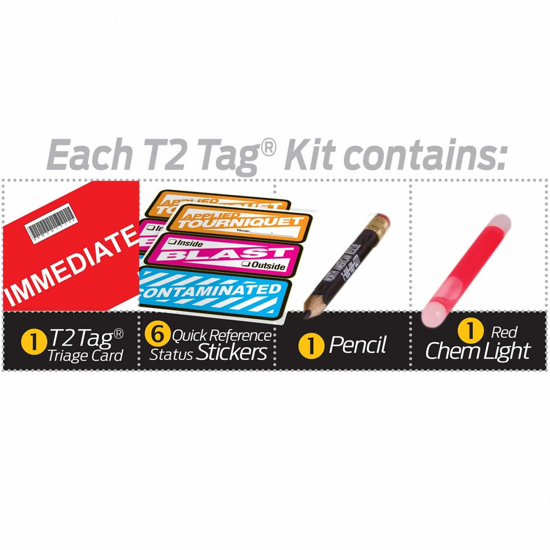 Breakdown of T2 Tactical Triage Kit showing triage tags, casualty stickers, pencil, and red ChemLight glow stick.