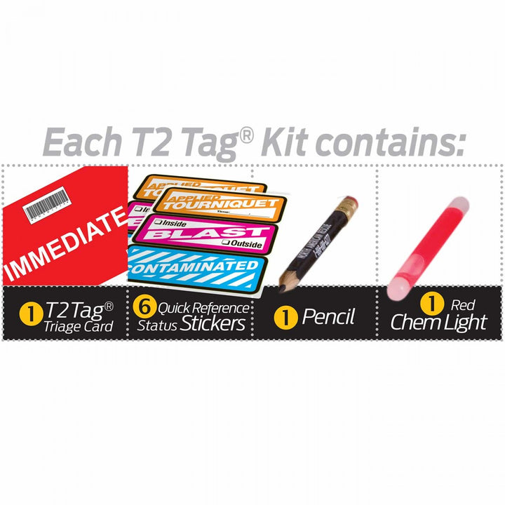 Breakdown of T2 Tactical Triage Kit showing triage tags, casualty stickers, pencil, and red ChemLight glow stick.
