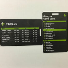 TacMed wallet cards with adult/pediatric vital signs chart and Glasgow Coma Scale reference. Designed for field diagnostics and neurological assessment. TacMed Australia – pocket-ready tools for prehospital care.