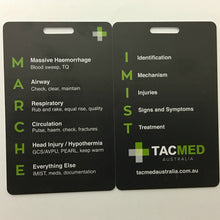 TacMed reference cards side-by-side showing MARCH assessment and IMIST AMBO handover framework. Ideal for trauma response and patient transfer. TacMed Australia – structured care guides for emergency professionals.