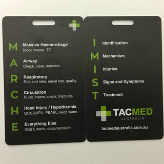 TacMed reference cards side-by-side showing MARCH assessment and IMIST AMBO handover framework. Ideal for trauma response and patient transfer. TacMed Australia – structured care guides for emergency professionals.