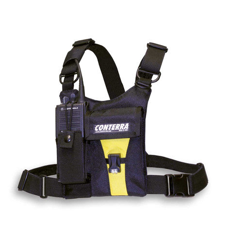 Conterra Adjusta-Pro Diva Women's Radio Chest Harness in black and yellow, featuring adjustable straps and mounted radio holder.
